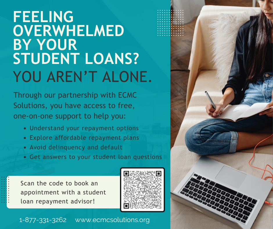 Graphic promoting free student loan repayment help through ECMC Solutions, with text encouraging students feeling overwhelmed by loans to scan a QR code to book an appointment with an advisor.