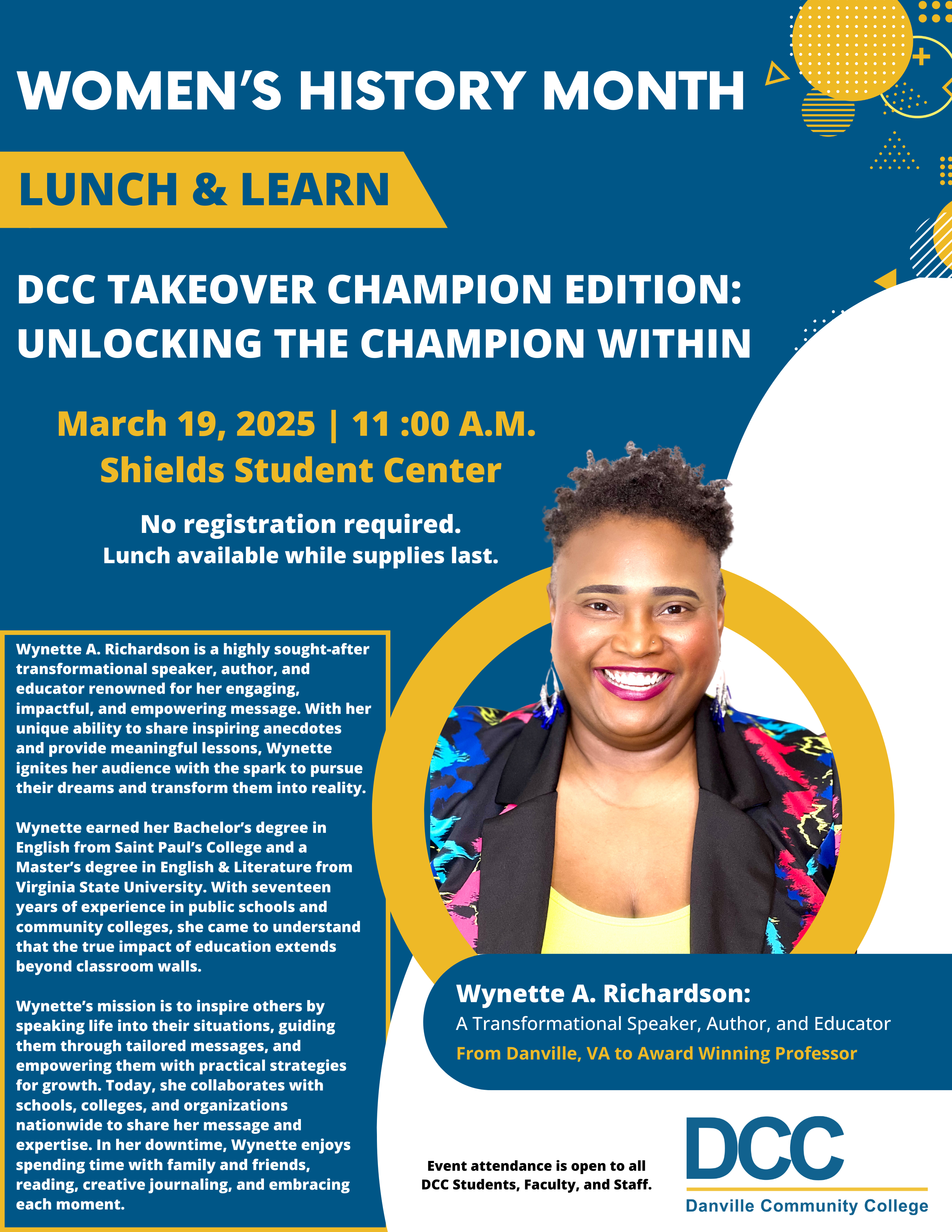 Women's History Month Event on March 19, 2025 at 11:00 a.m. in the Shields Student Center. Speaker is Wynette A. Richardson.