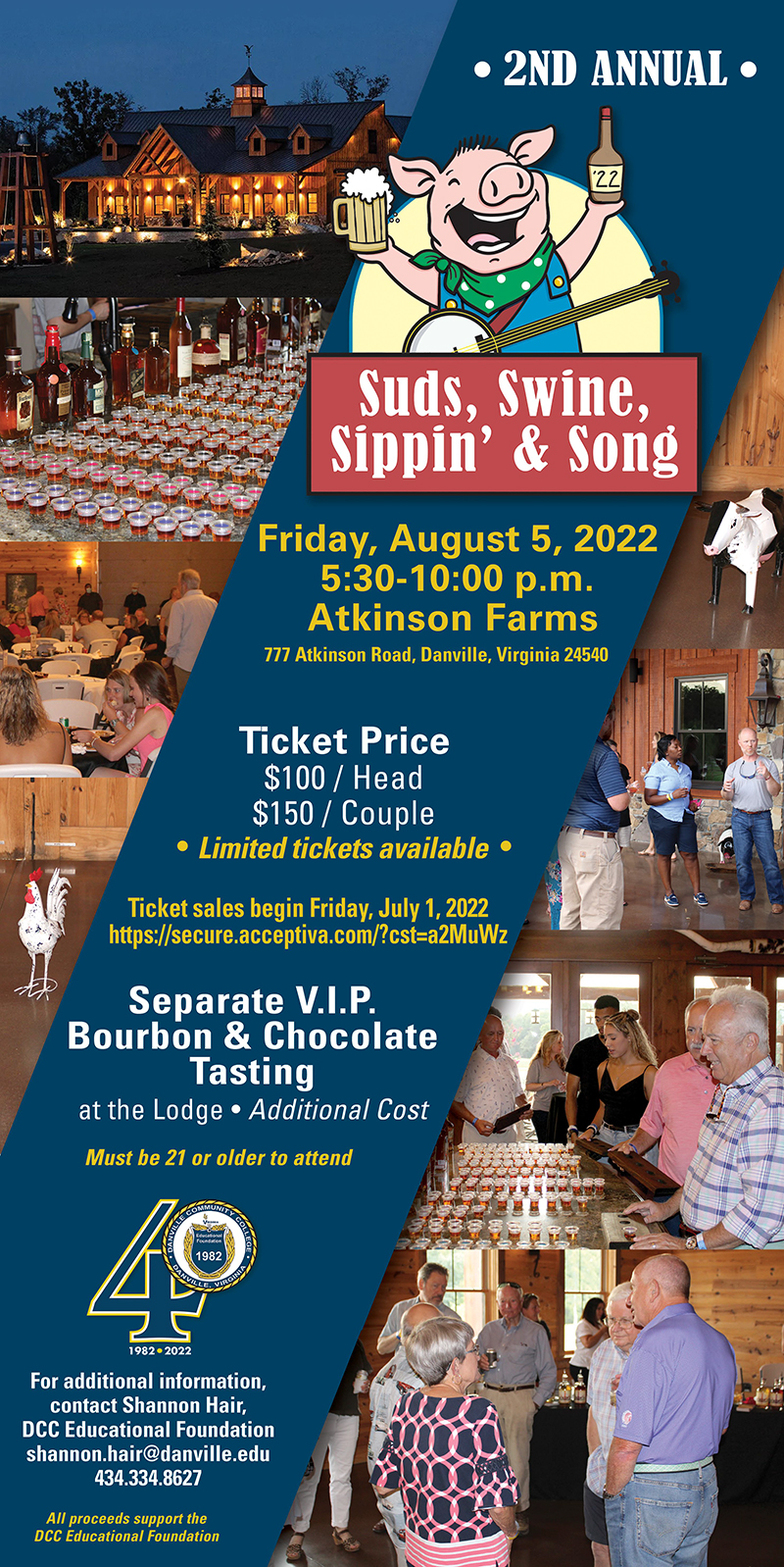 graphic promoting the Suds, Swine, Sippin', and Song fundraiser with the DCC Educational Foundation
