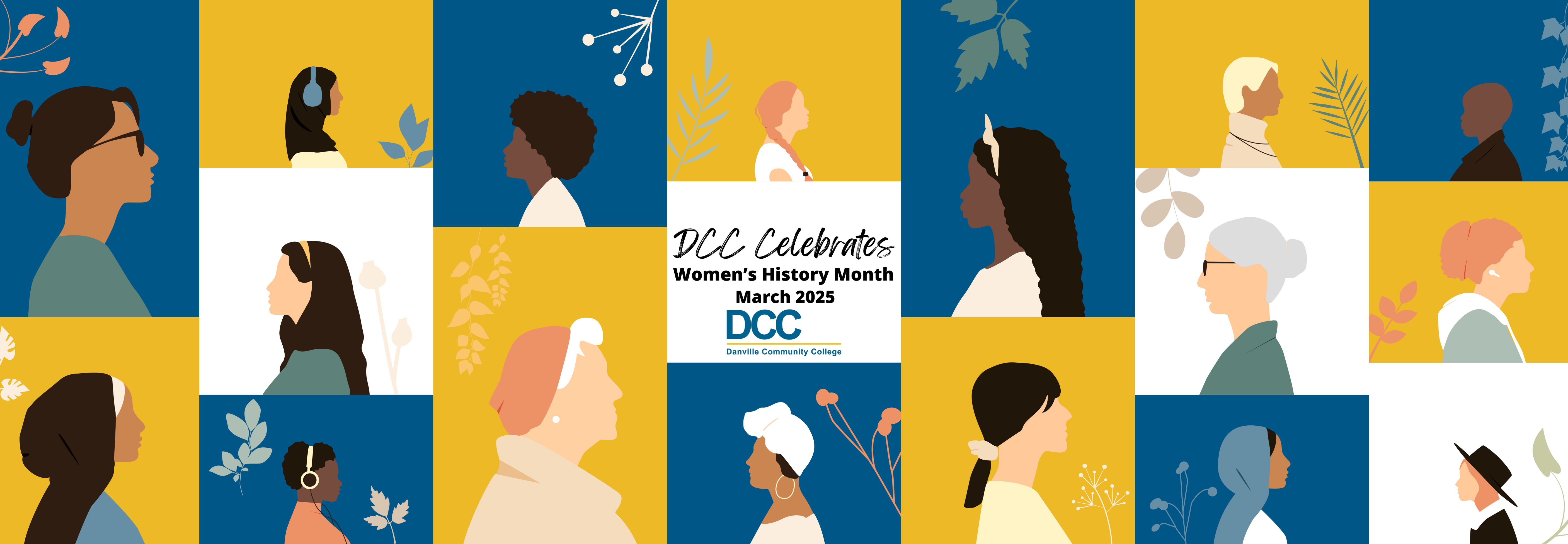 DCC Celebrates Women's History Month March 2025. Pictures of different women with DCC colored background. 