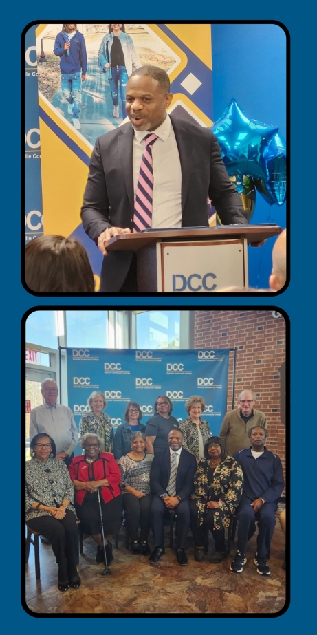 Dr. Cornelius Johnson holding a microphone in front of a DCC Backdrop